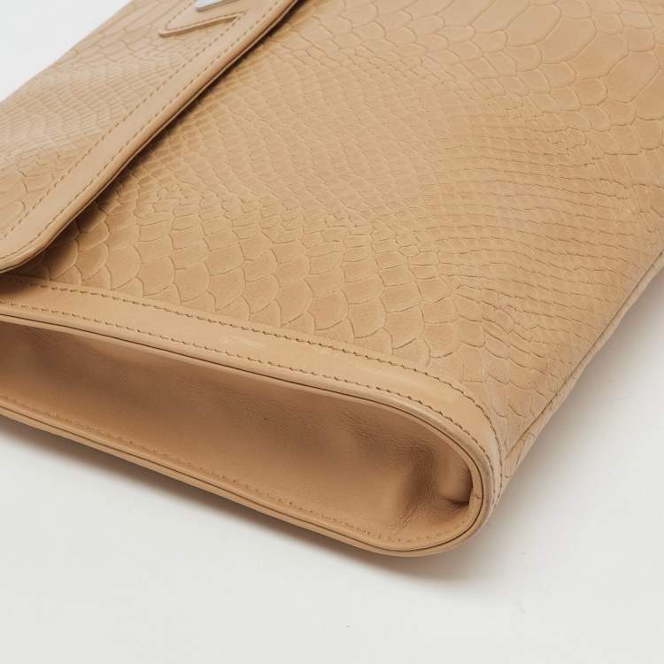 Pre Owned Longchamp Beige Croc Embossed Leather Oversized Clutch