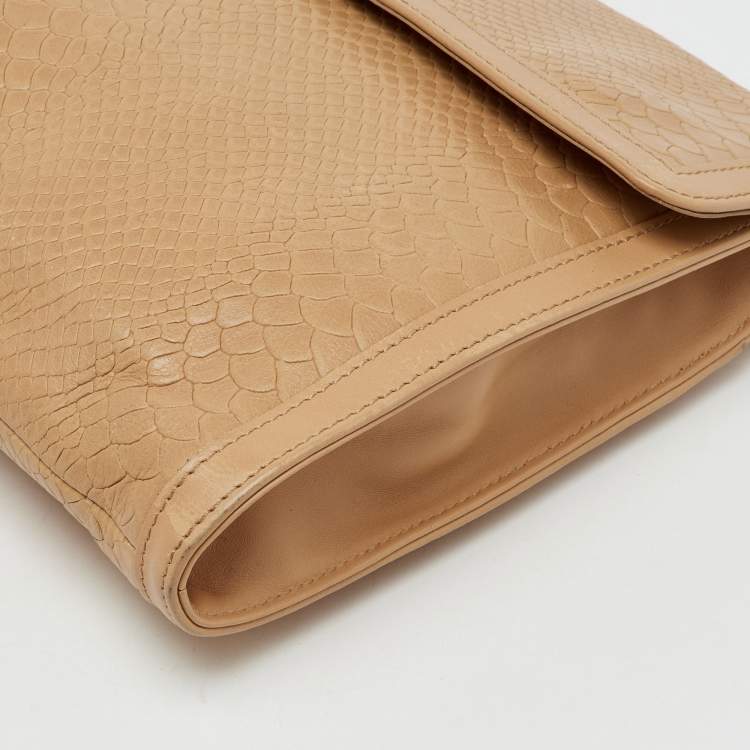 Pre Owned Longchamp Beige Croc Embossed Leather Oversized Clutch