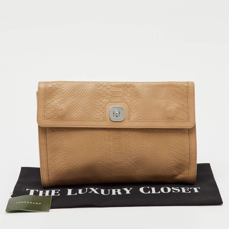Pre Owned Longchamp Beige Croc Embossed Leather Oversized Clutch