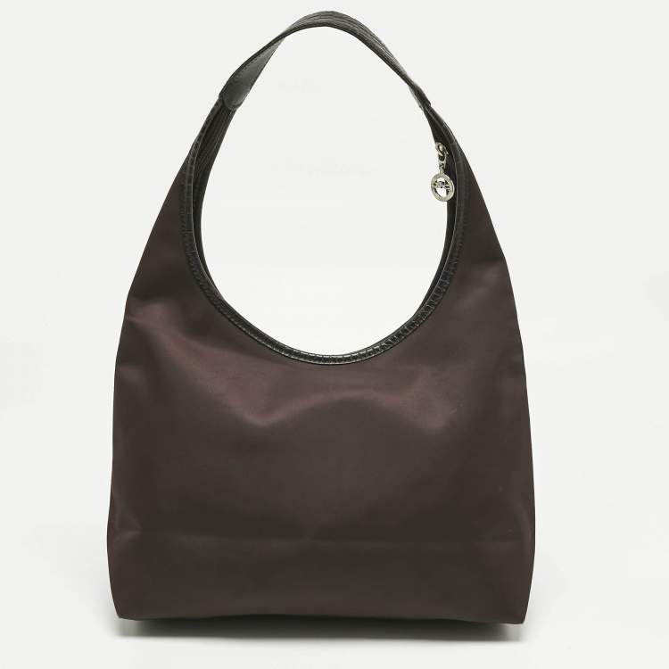 Pre Owned Longchamp Cacao Brown Nylon and Croc Embossed Leather Shoulder Bag