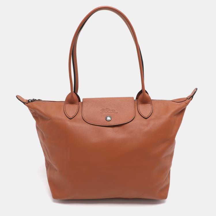 Pre Owned Longchamp Brown Leather Le Pliage Cuir Tote