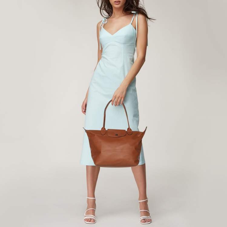 Pre Owned Longchamp Brown Leather Le Pliage Cuir Tote
