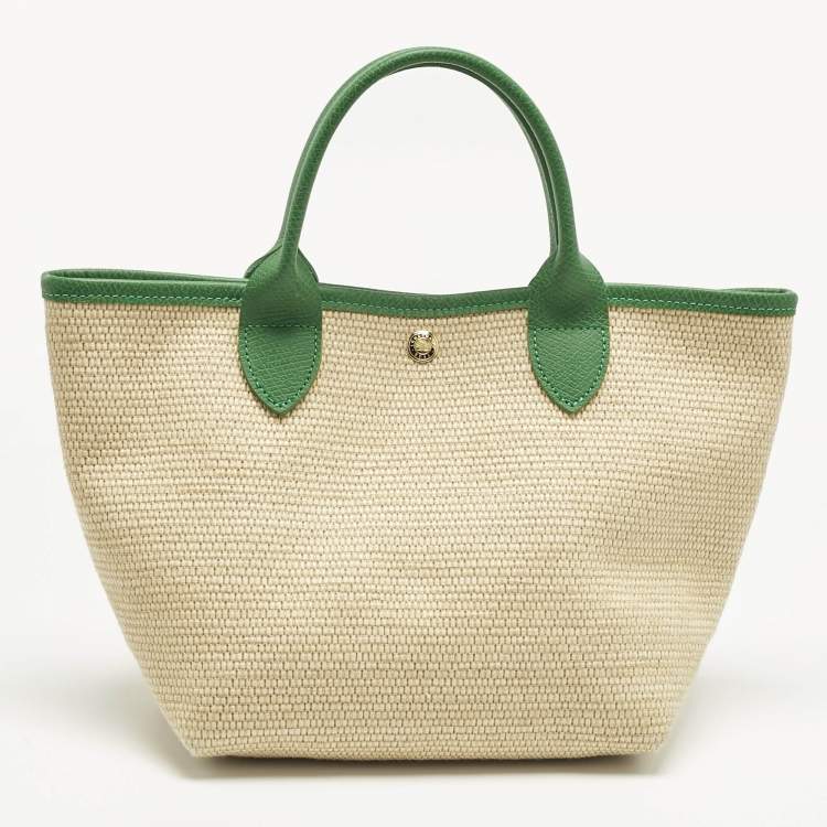 Pre Owned Longchamp Green/Natural Raffia Small Le Panier Pliage Basket Bag