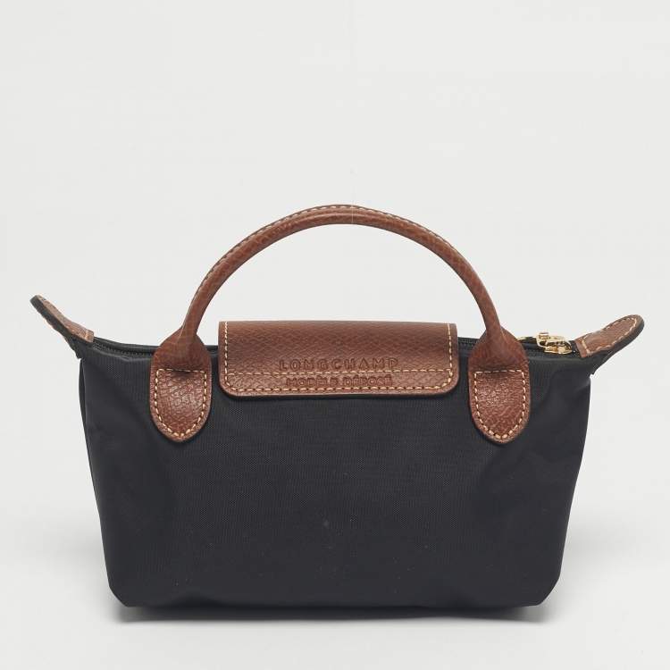 مملوكة مسبقًا Longchamp Black/Brown Leather and Nylon Le Pliage Pouch