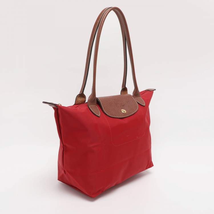 Pre Owned Longchamp Red/Brown Nylon Small Le Pliage Tote