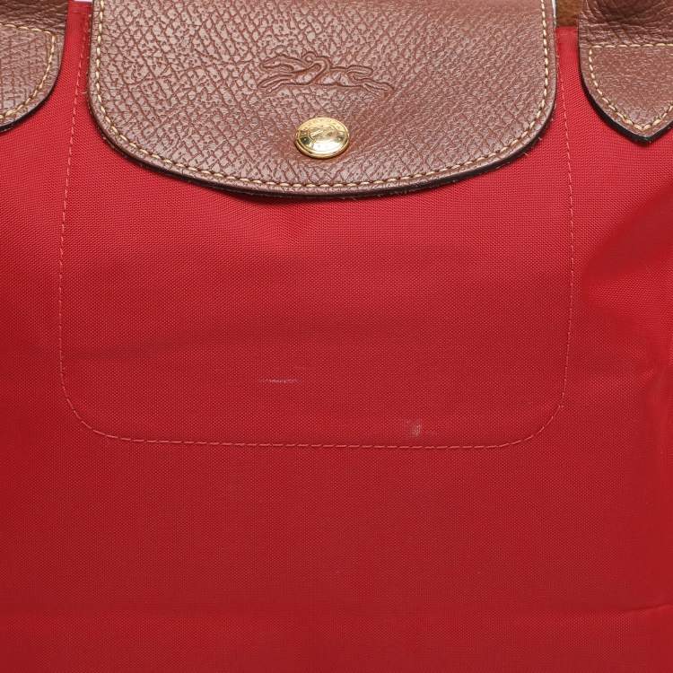 Pre Owned Longchamp Red/Brown Nylon Small Le Pliage Tote