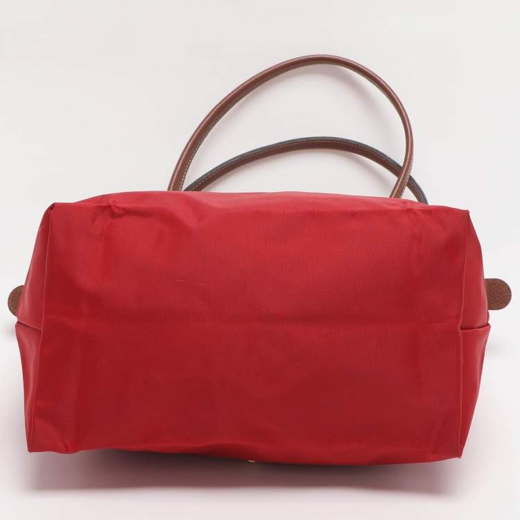Pre Owned Longchamp Red/Brown Nylon Small Le Pliage Tote