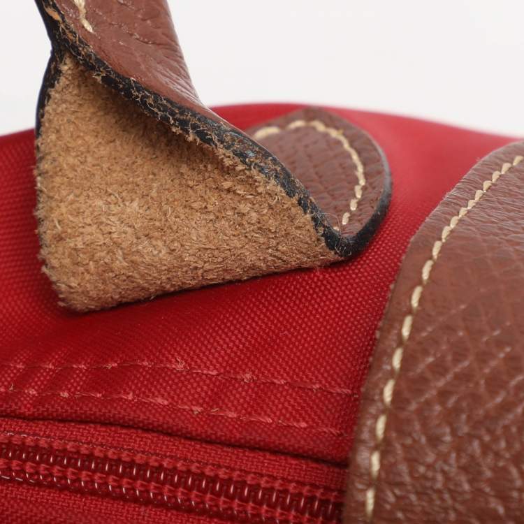 Pre Owned Longchamp Red/Brown Nylon Small Le Pliage Tote