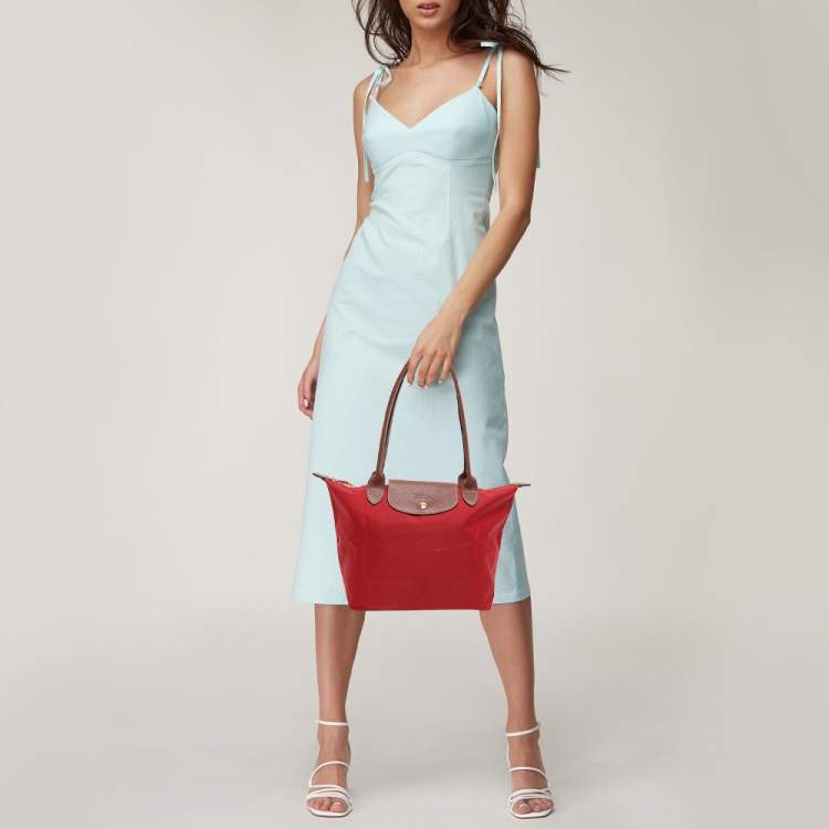 Pre Owned Longchamp Red/Brown Nylon Small Le Pliage Tote