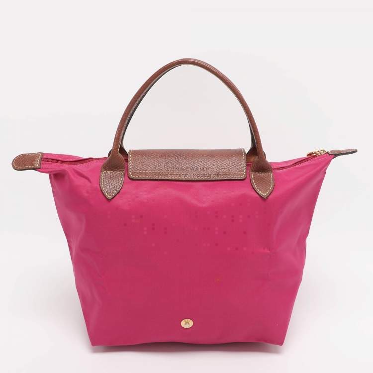 Pre Owned Longchamp Pink/Brown Nylon and Leather Small Short Le Pliage Tote
