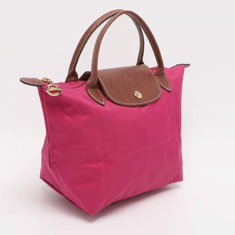 Pre Owned Longchamp Pink/Brown Nylon and Leather Small Short Le Pliage Tote