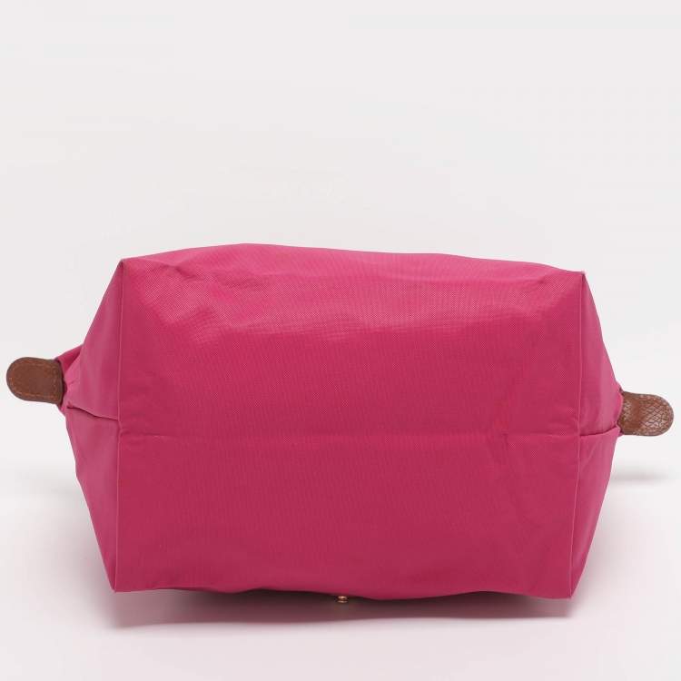 Pre Owned Longchamp Pink/Brown Nylon and Leather Small Short Le Pliage Tote