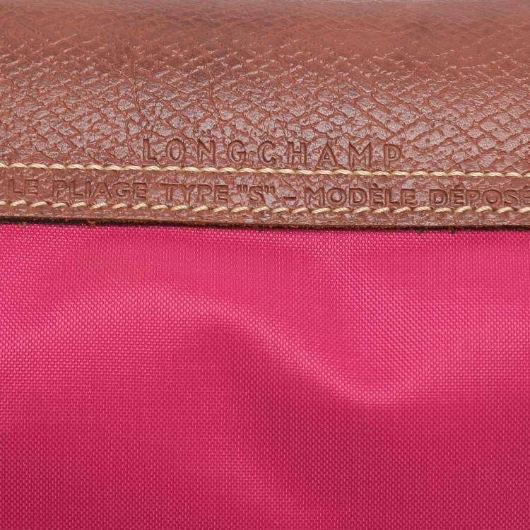 Pre Owned Longchamp Pink/Brown Nylon and Leather Small Short Le Pliage Tote