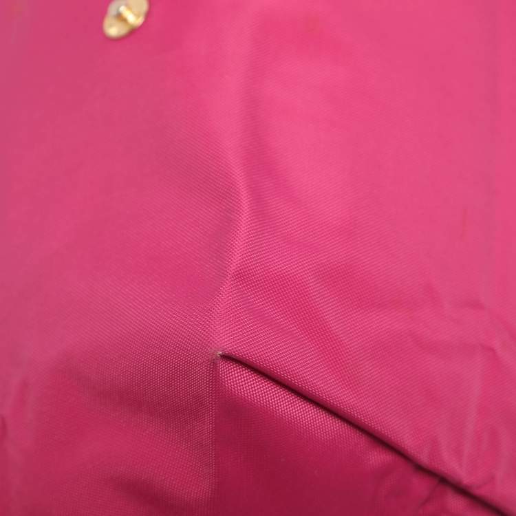 Pre Owned Longchamp Pink/Brown Nylon and Leather Small Short Le Pliage Tote