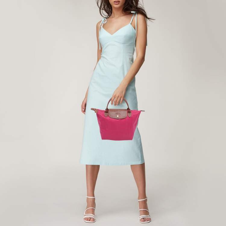 Pre Owned Longchamp Pink/Brown Nylon and Leather Small Short Le Pliage Tote