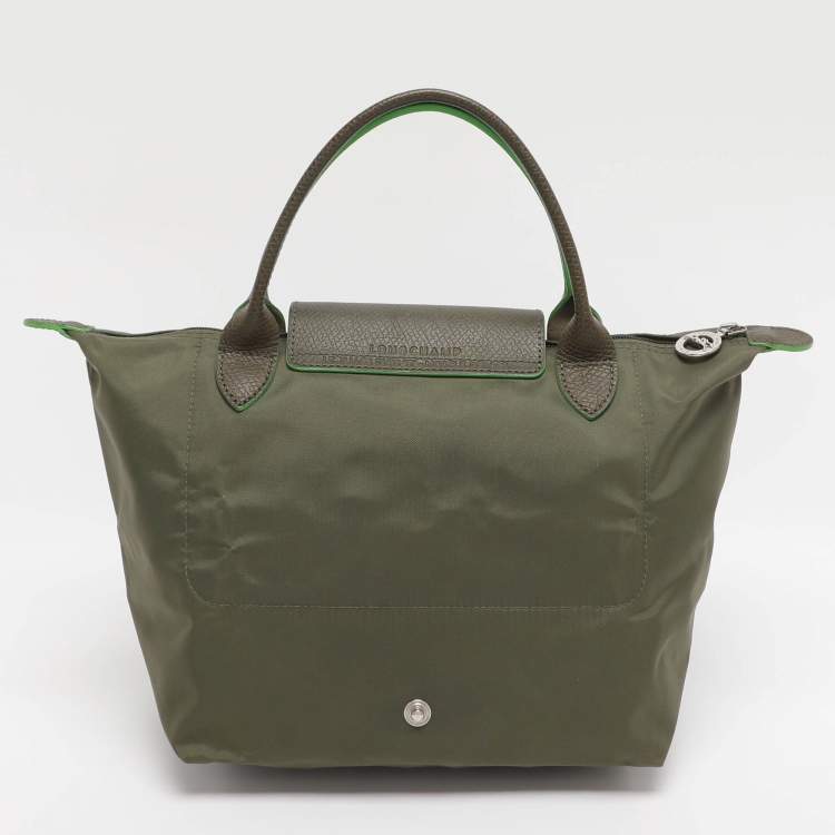 Pre Owned Longchamp Green Nylon and Leather Small Short Le Pliage Tote