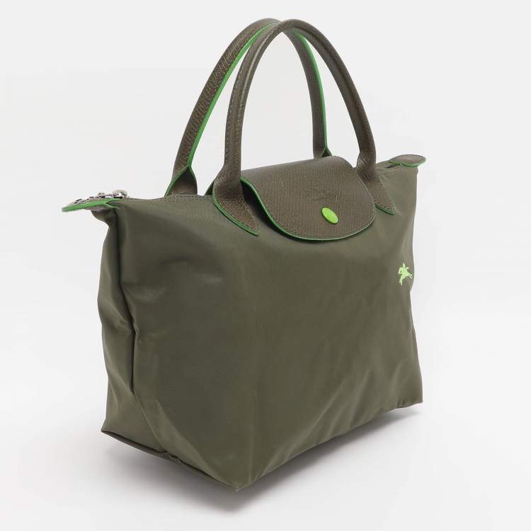 Pre Owned Longchamp Green Nylon and Leather Small Short Le Pliage Tote