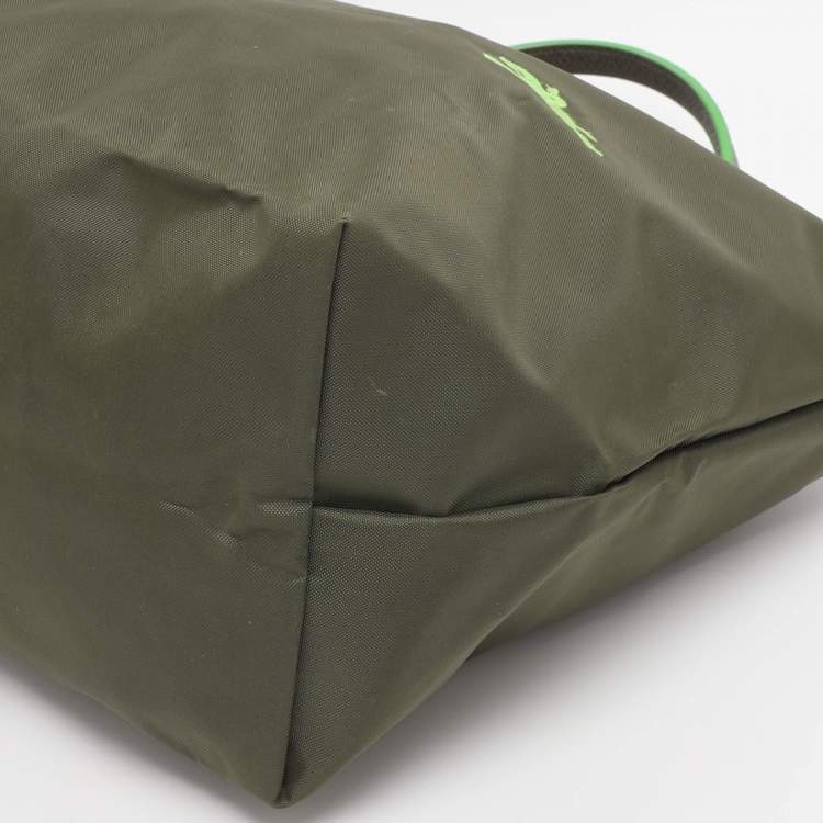Pre Owned Longchamp Green Nylon and Leather Small Short Le Pliage Tote