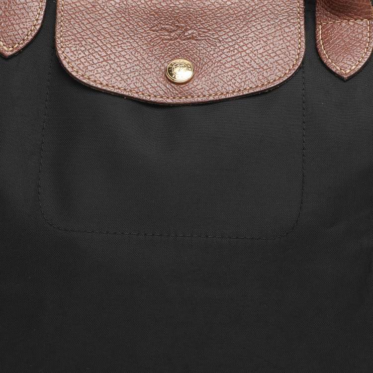 Pre Owned Longchamp Brown/Black Nylon and Leather Medium Short Le Pliage Tote