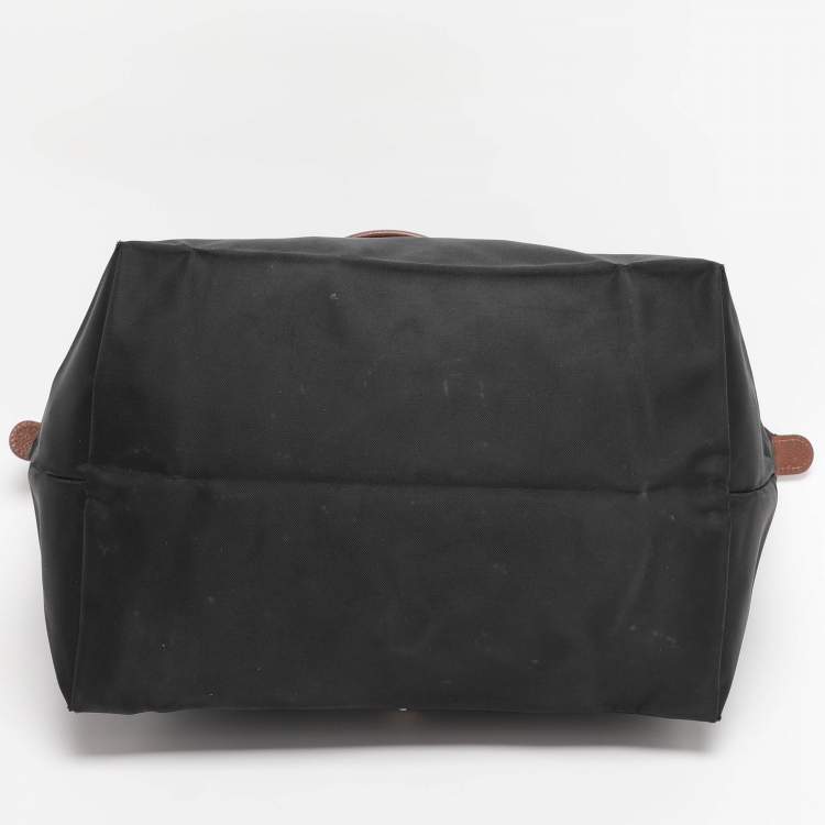 Pre Owned Longchamp Brown/Black Nylon and Leather Medium Short Le Pliage Tote