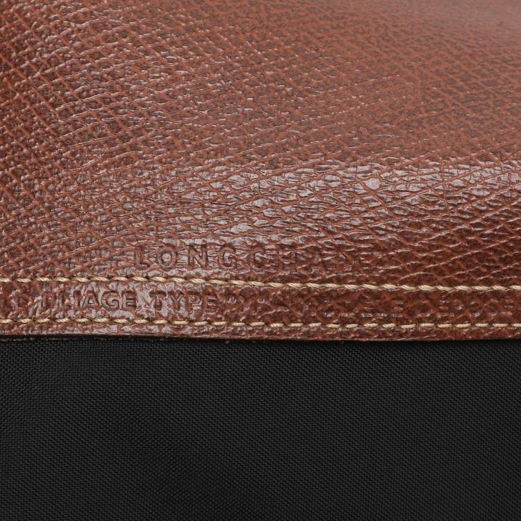 Pre Owned Longchamp Brown/Black Nylon and Leather Medium Short Le Pliage Tote