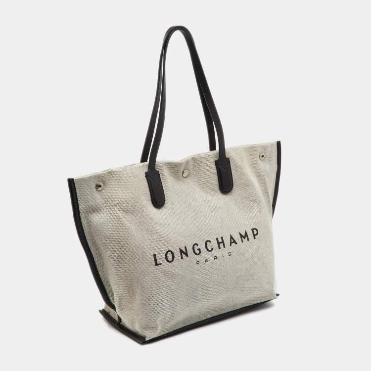 Pre Owned Longchamp White/Black Canvas and Leather Large Essential Tote