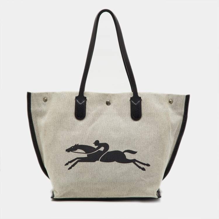 Pre Owned Longchamp White/Black Canvas and Leather Large Essential Tote