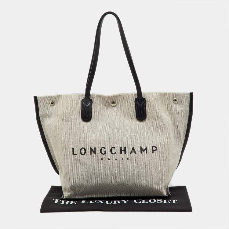 Pre Owned Longchamp White/Black Canvas and Leather Large Essential Tote