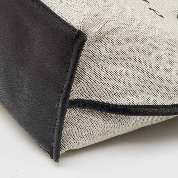 Pre Owned Longchamp White/Black Canvas and Leather Large Essential Tote