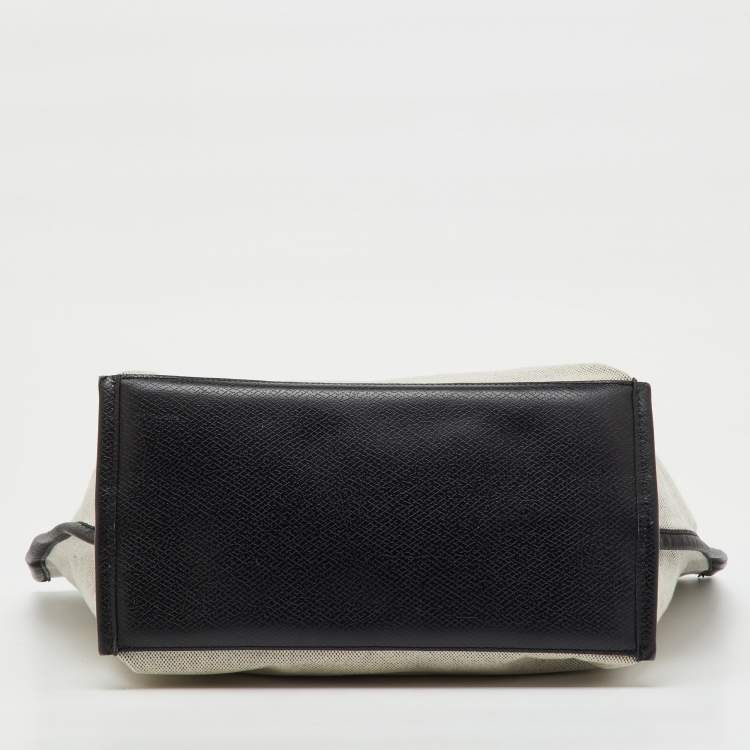 Pre Owned Longchamp White/Black Canvas and Leather Large Essential Tote