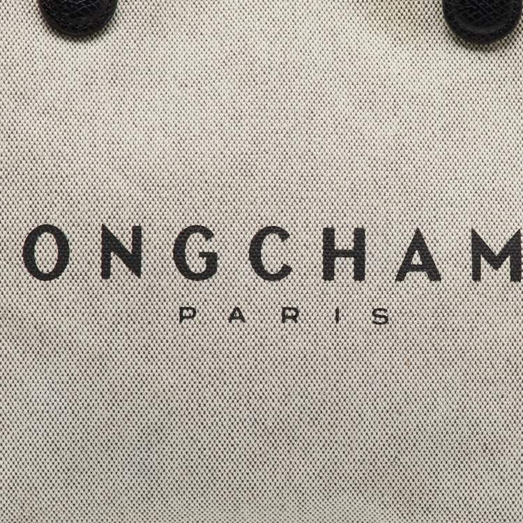 Pre Owned Longchamp White/Black Canvas and Leather Large Essential Tote