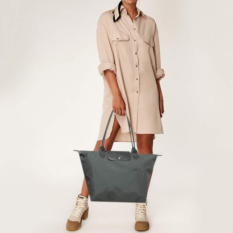 Pre Owned Longchamp Grey Nylon Large Le Pliage Tote