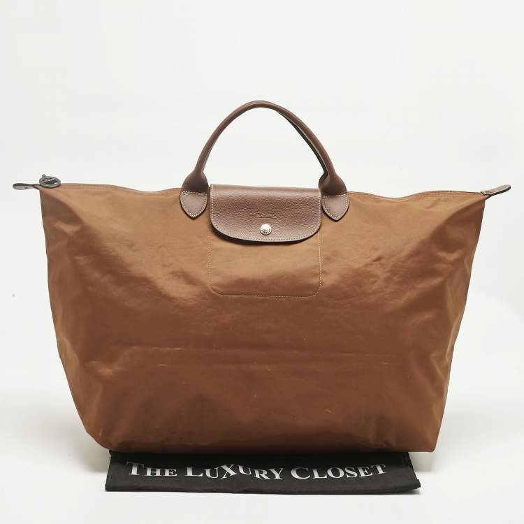 Pre Owned Longchamp Brown Nylon Le Pliage Travel Tote