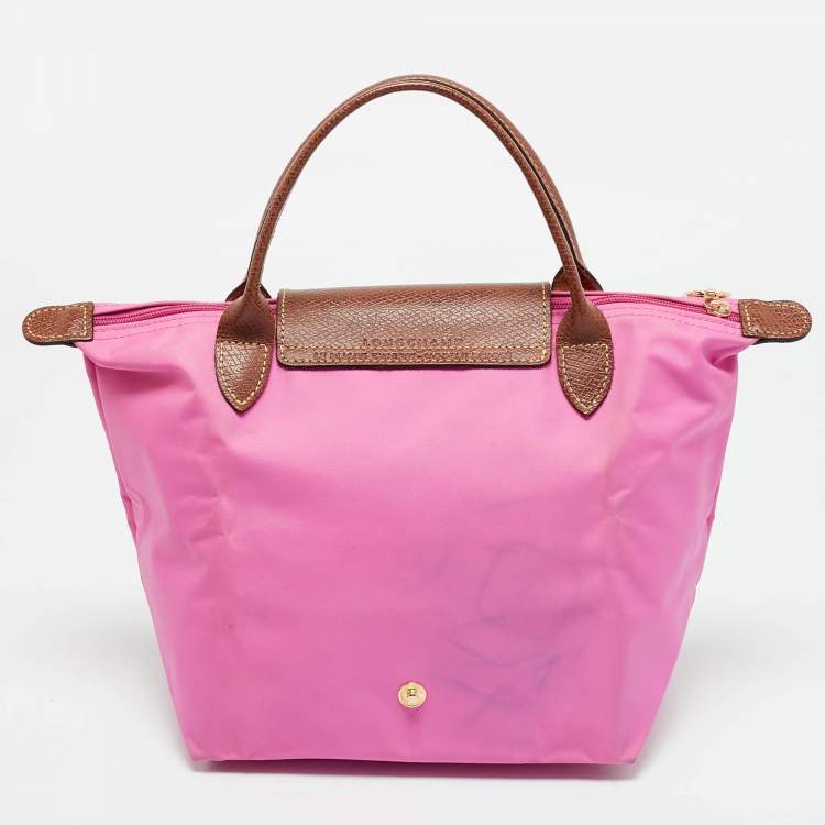 Pre Owned Longchamp Pink/Brown Nylon Mini Le Pliage Tote