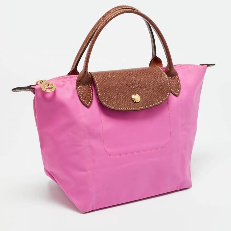 Pre Owned Longchamp Pink/Brown Nylon Mini Le Pliage Tote