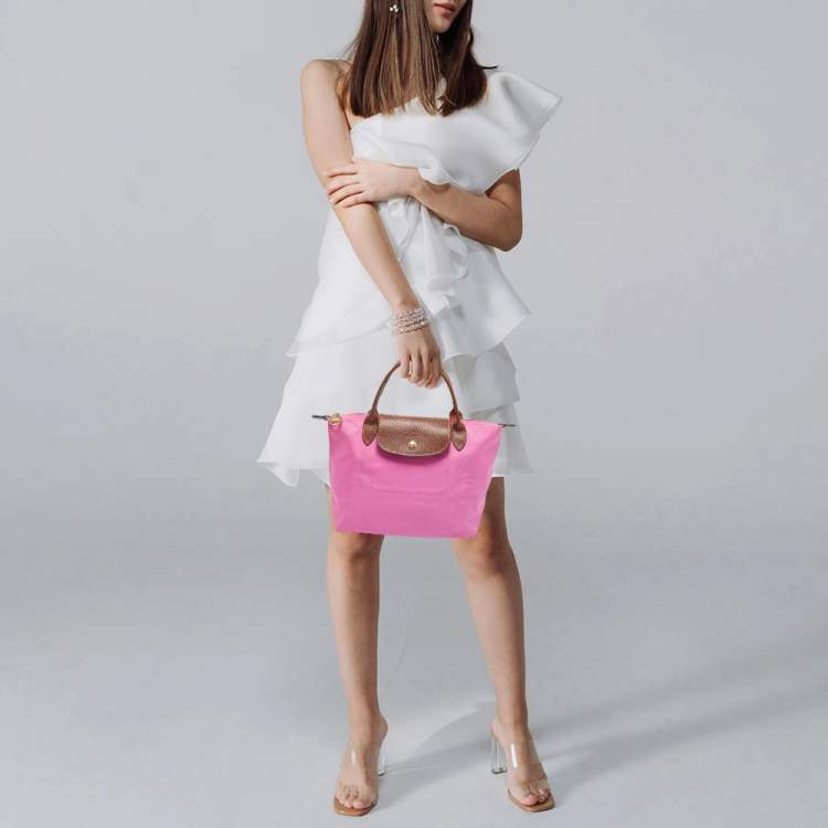 Pre Owned Longchamp Pink/Brown Nylon Mini Le Pliage Tote