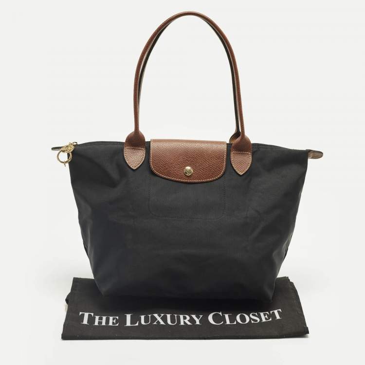 Pre Owned Longchamp Black/Brown Leather and Nylon Le Pliage Tote