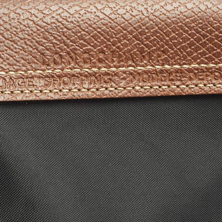 Pre Owned Longchamp Black/Brown Leather and Nylon Le Pliage Tote