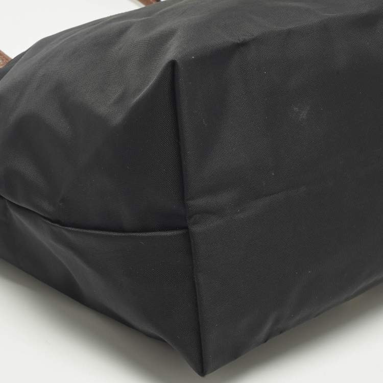 Pre Owned Longchamp Black/Brown Leather and Nylon Le Pliage Tote