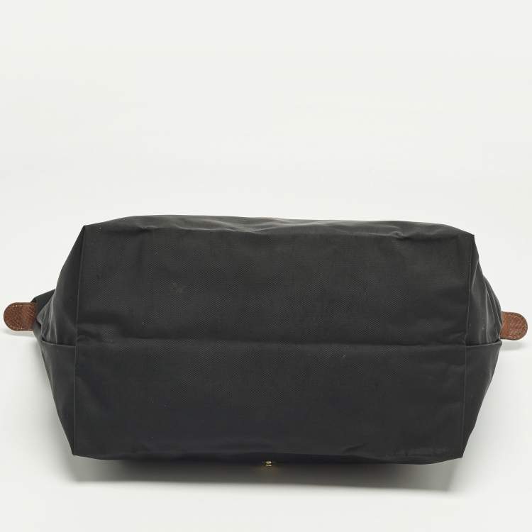Pre Owned Longchamp Black/Brown Leather and Nylon Le Pliage Tote