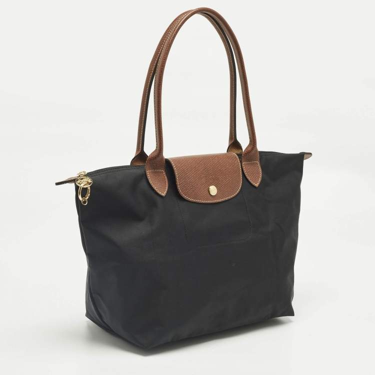 Pre Owned Longchamp Black/Brown Leather and Nylon Le Pliage Tote