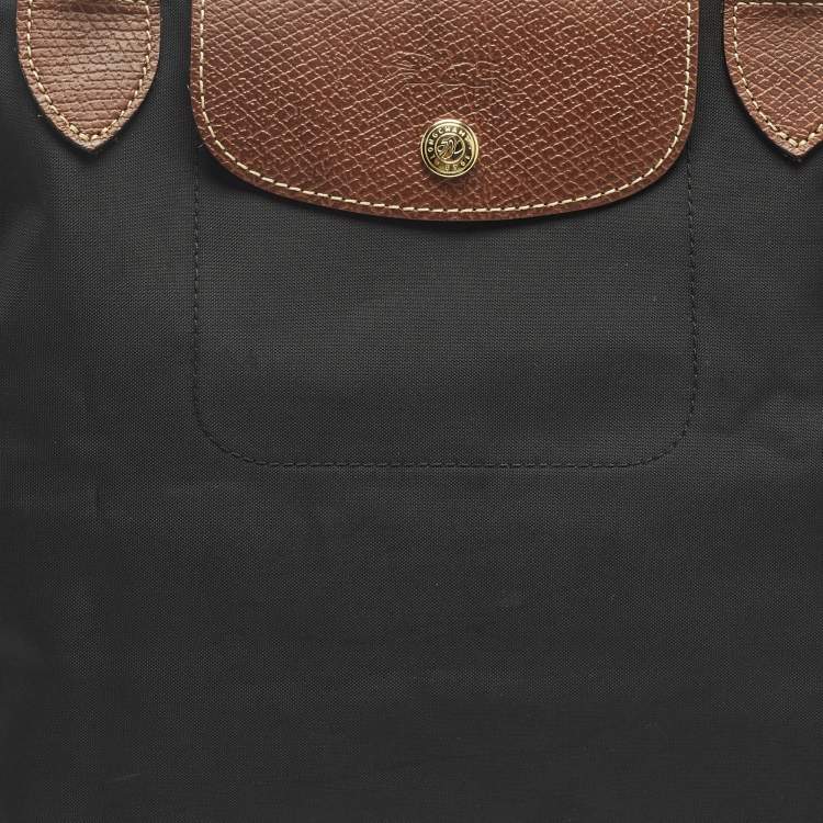 Pre Owned Longchamp Black/Brown Leather and Nylon Le Pliage Tote