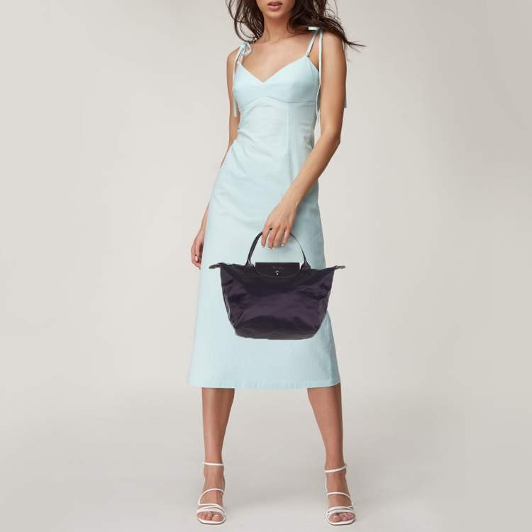 Pre Owned Longchamp Le Pliage Purple Leather and Nylon Tote