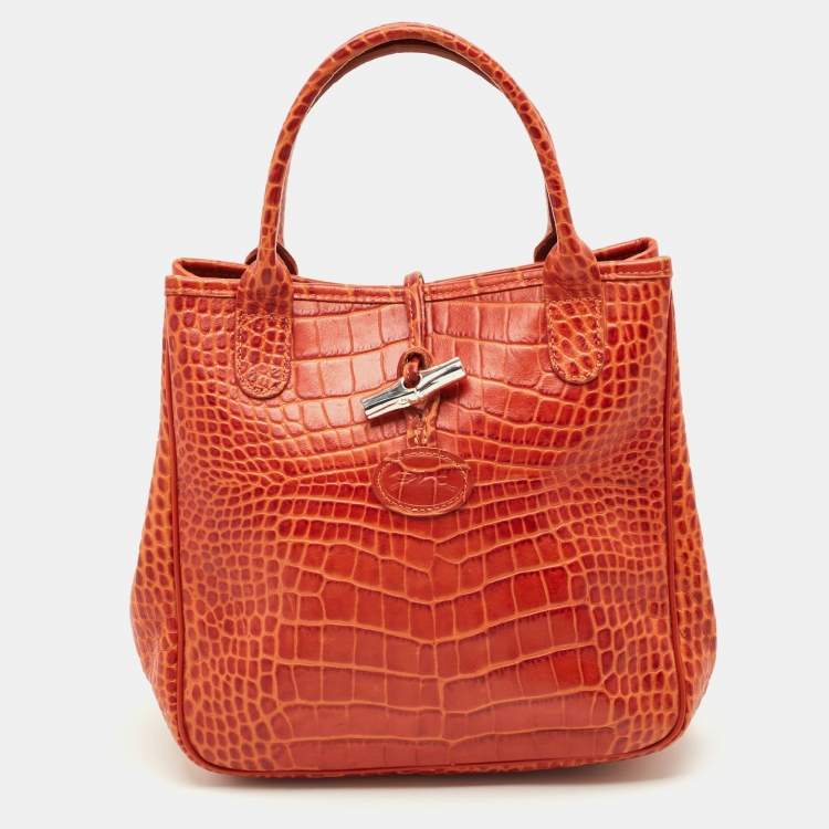 Pre Owned Longchamp Roseau Mini Croc Embossed Leather Tote