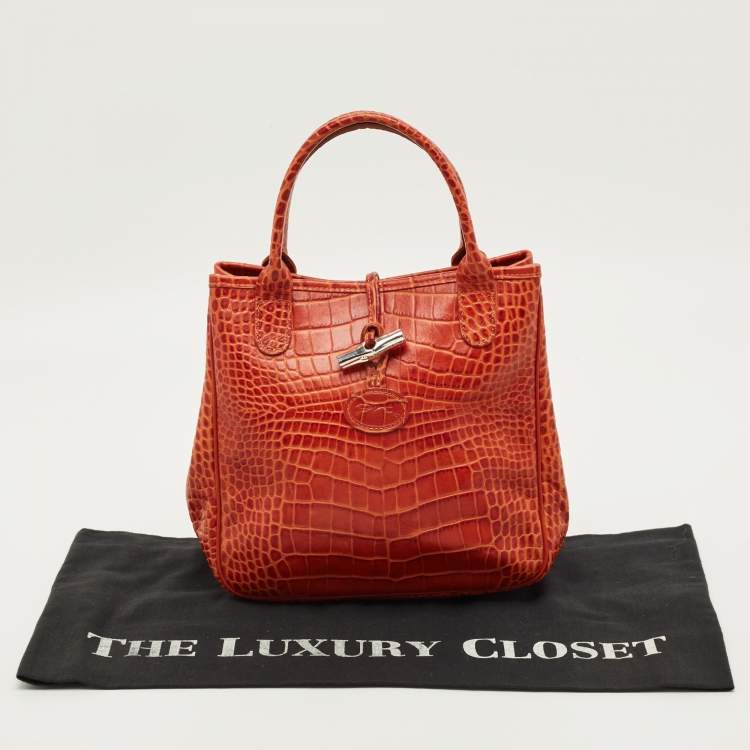 Pre Owned Longchamp Roseau Mini Croc Embossed Leather Tote