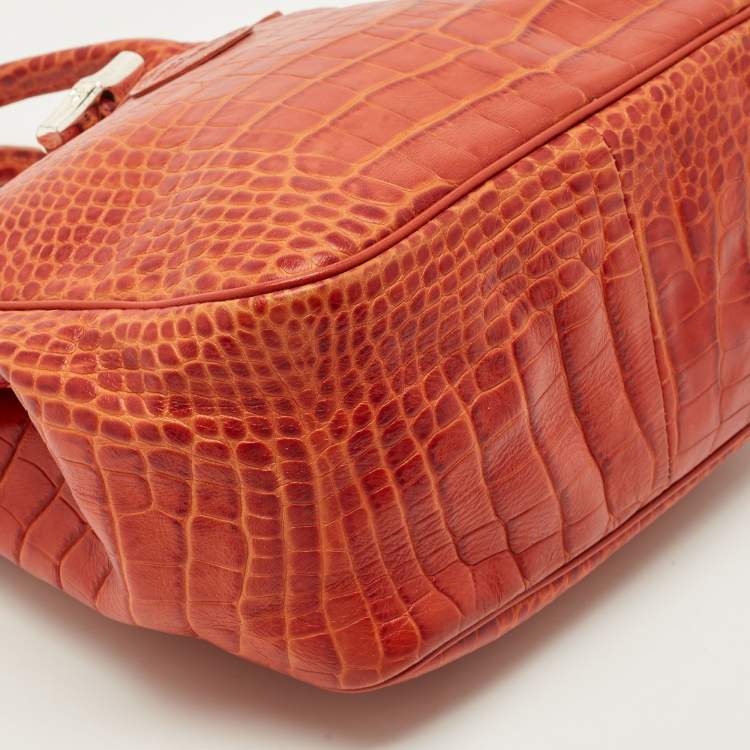 Pre Owned Longchamp Roseau Mini Croc Embossed Leather Tote