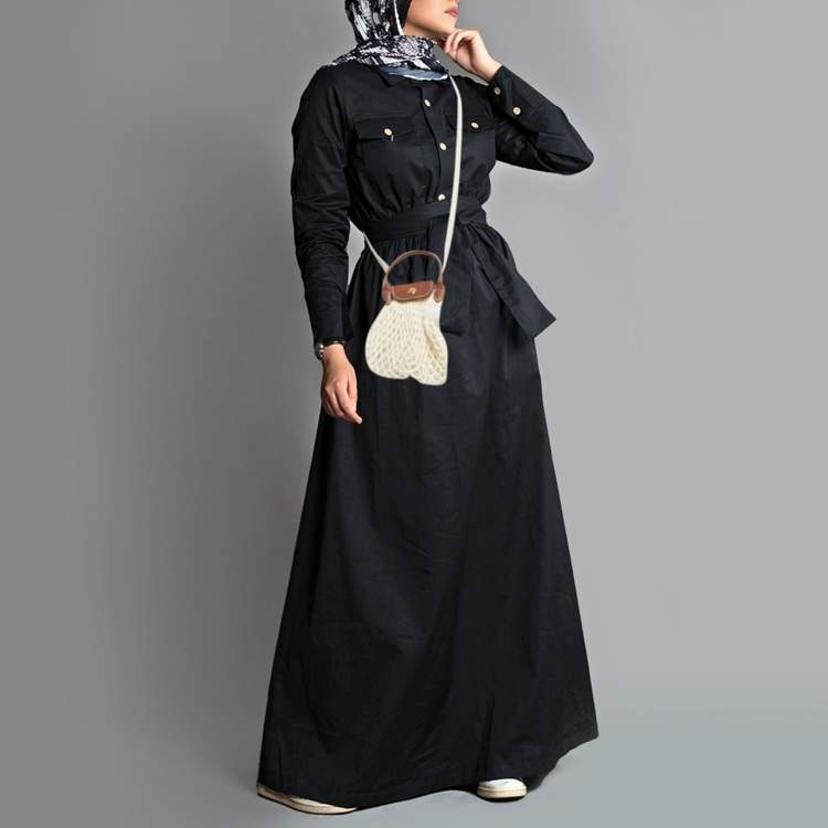 Pre Owned حقيبة كروس لونشان لي بلاج صغيرة جلد بني وأبيض شبكي