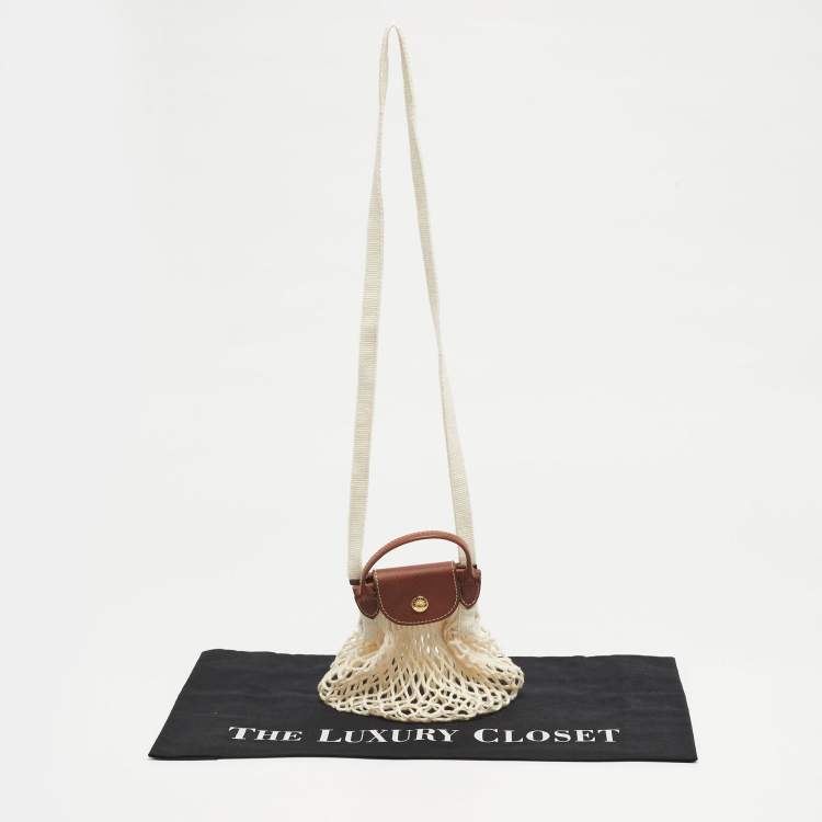 Pre Owned حقيبة كروس لونشان لي بلاج صغيرة جلد بني وأبيض شبكي