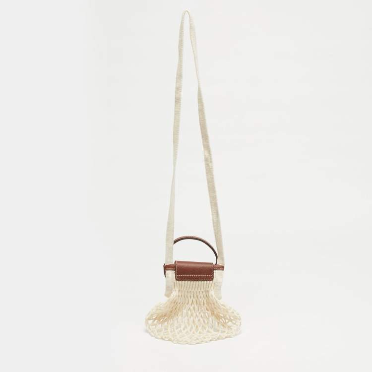 Pre Owned حقيبة كروس لونشان لي بلاج صغيرة جلد بني وأبيض شبكي