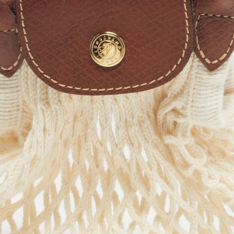 Pre Owned حقيبة كروس لونشان لي بلاج صغيرة جلد بني وأبيض شبكي